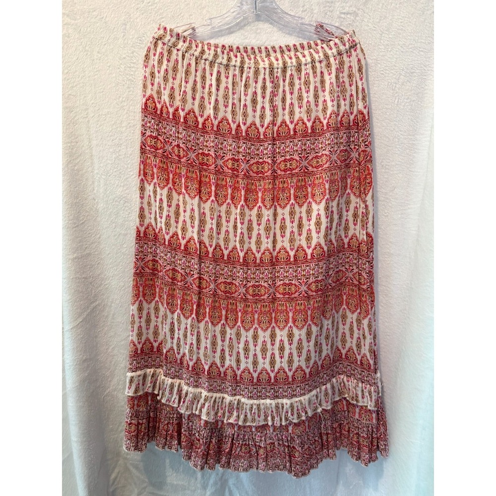 Boho Lagenlook Tiered Midi Skirt | India Block Print | Viscose Cotton | Petite L